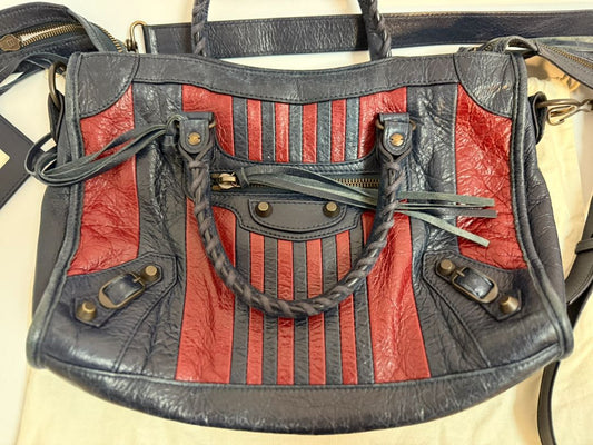 navy and red Balenciaga 2 WAY BAG, 9.6H x 14.9W x 5.1 D