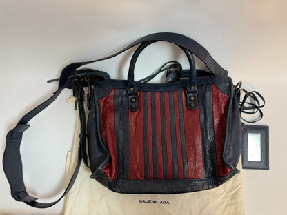 navy and red Balenciaga 2 WAY BAG, 9.6H x 14.9W x 5.1 D