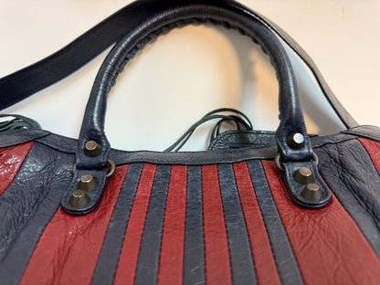 navy and red Balenciaga 2 WAY BAG, 9.6H x 14.9W x 5.1 D