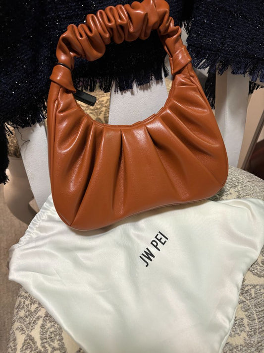 JW Pei Gabbi ruched hobo handbag in Nutella brown vegan leather with curved handle