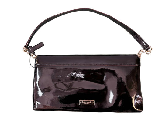 Kate Spade black patent leather shoulder bag with sleek, glossy finish and gold-tone hardware.
