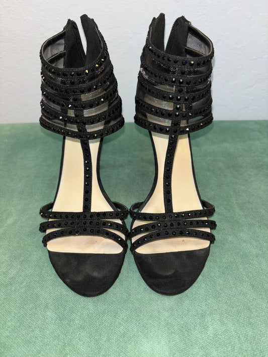 Nine West Women's Black Mesh Open Toe Stilettos with Back Zip - elegant 4-inch high heels featuring a modern mesh design and open-toe silhouette.