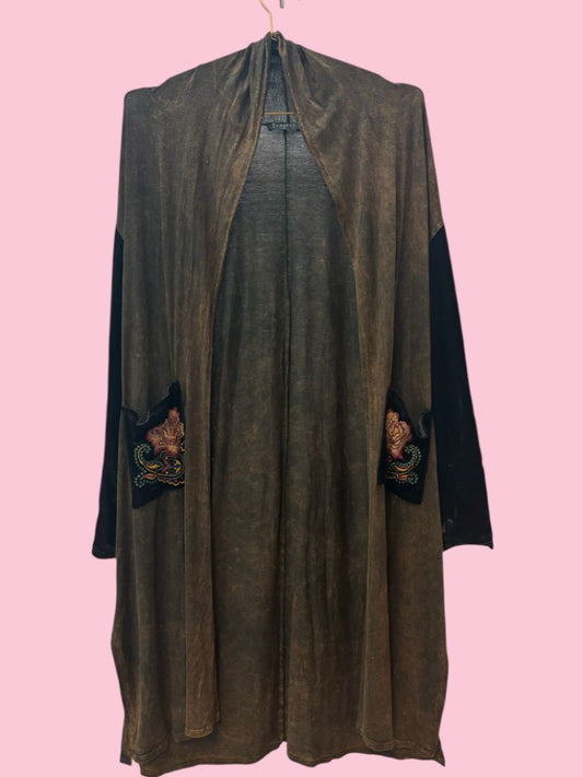 brown multi T party open cardigan, S