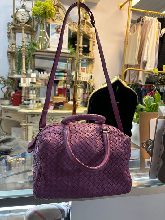 Bottega Veneta purple Intrecciato leather satchel with woven design and top handles