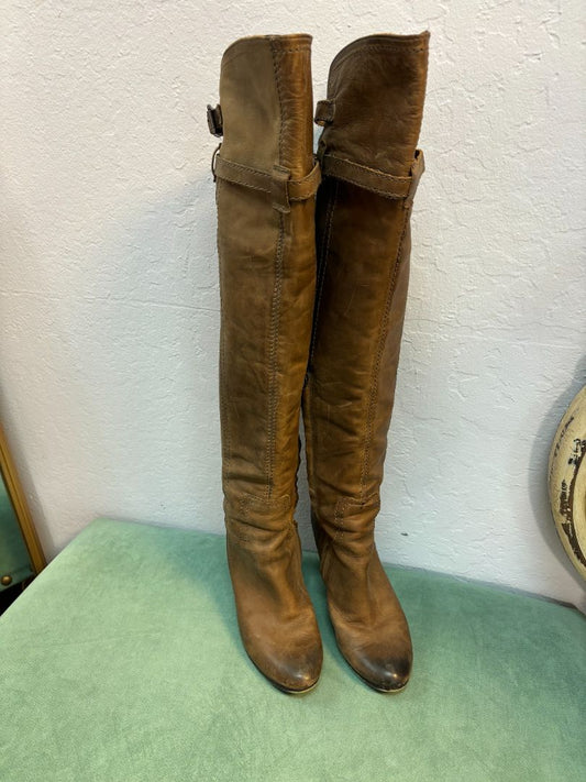 Sam Edelman distressed knee-high boots for women with stacked heel and vintage-inspired leather finish
