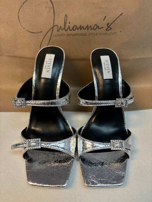 Steven New York sandals with high-shine silver finish and minimalist straps
