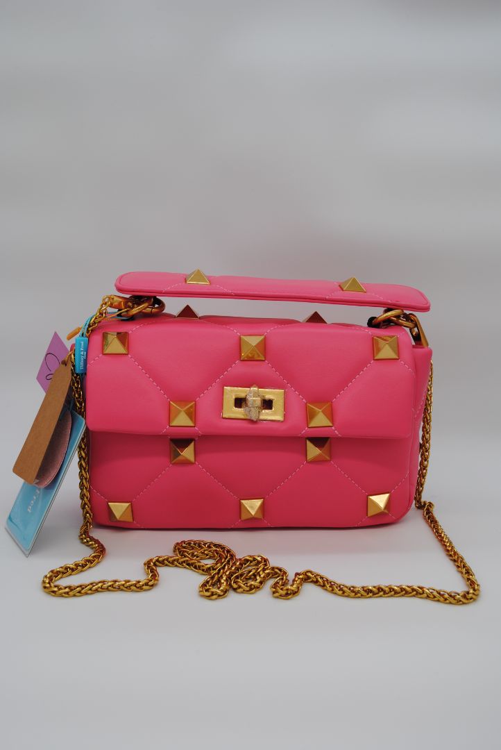Tiffany and Fred hot pink quilted sheepskin leather shoulder bag with gold-tone studs and flap closure