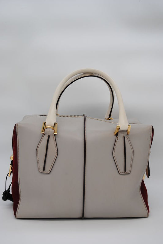 Tod's Bauletto bag in grey leather and red suede with dual top handles and silver-tone hardware