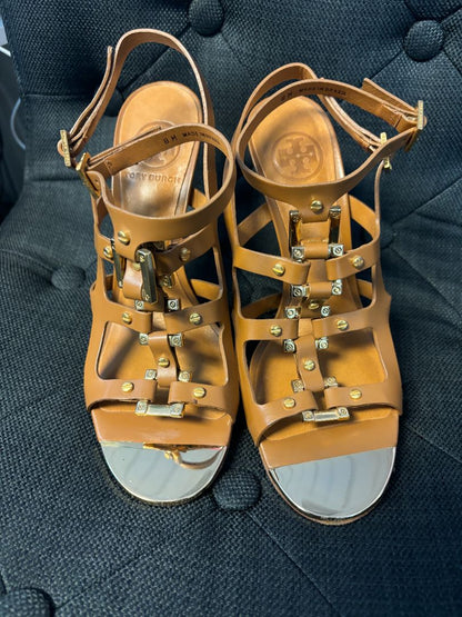 Tory Burch Francesca gold gladiator heels for women, size 8, with strappy design and block heel