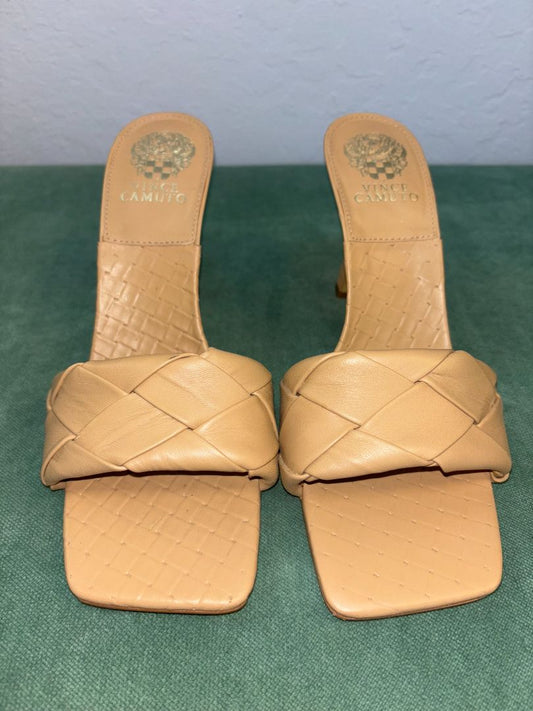 Vince Camuto Brelanie Dulce De Leche Slip-On Heels - elegant beige leather slip-on shoes with a 3-inch heel, perfect for versatile styling.