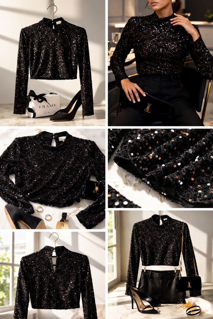 FRAME Black Sequin Crop Top XS