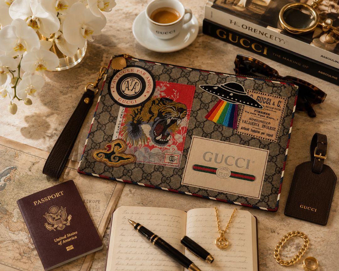 monogram Gucci supreme zip pouch wristlet