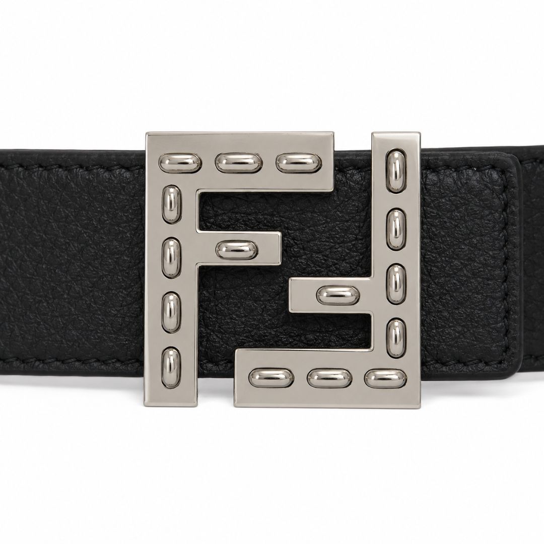 Fendi Embellished FF Buckle Black Leather Belt reversible