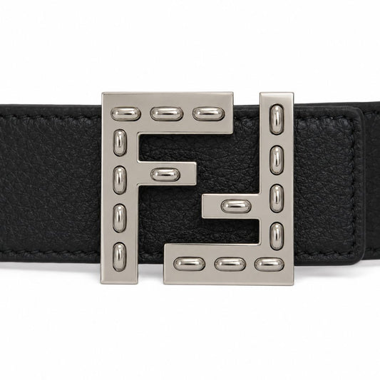 Fendi Embellished FF Buckle Black Leather Belt reversible