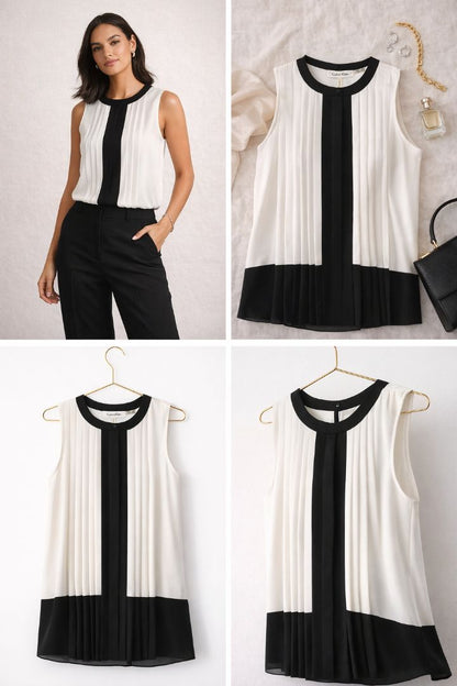 Calvin Klein Black White Pleated Blouse L