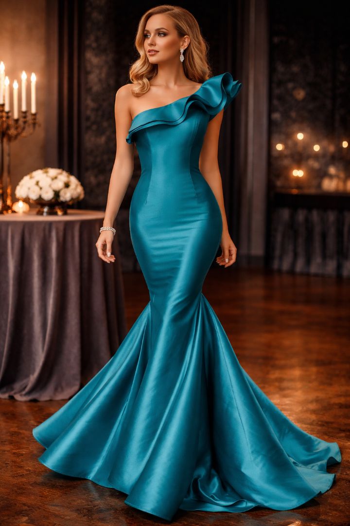 teal Jovani mermaid one shoulder dress