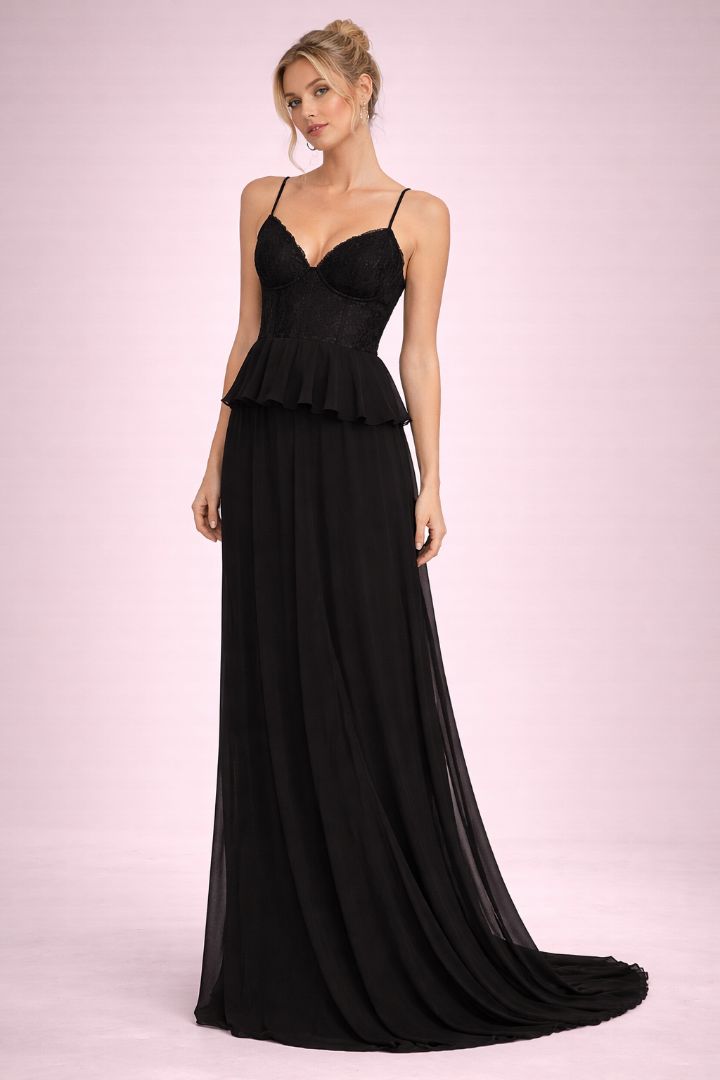 Lulus Black Peplum Spaghetti Strap Gown