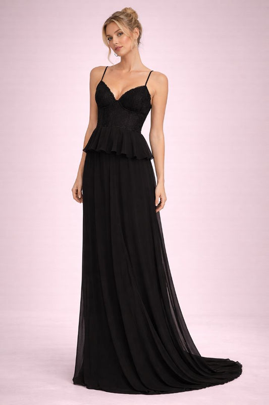 black Lulus peplum spaghetti strap gown