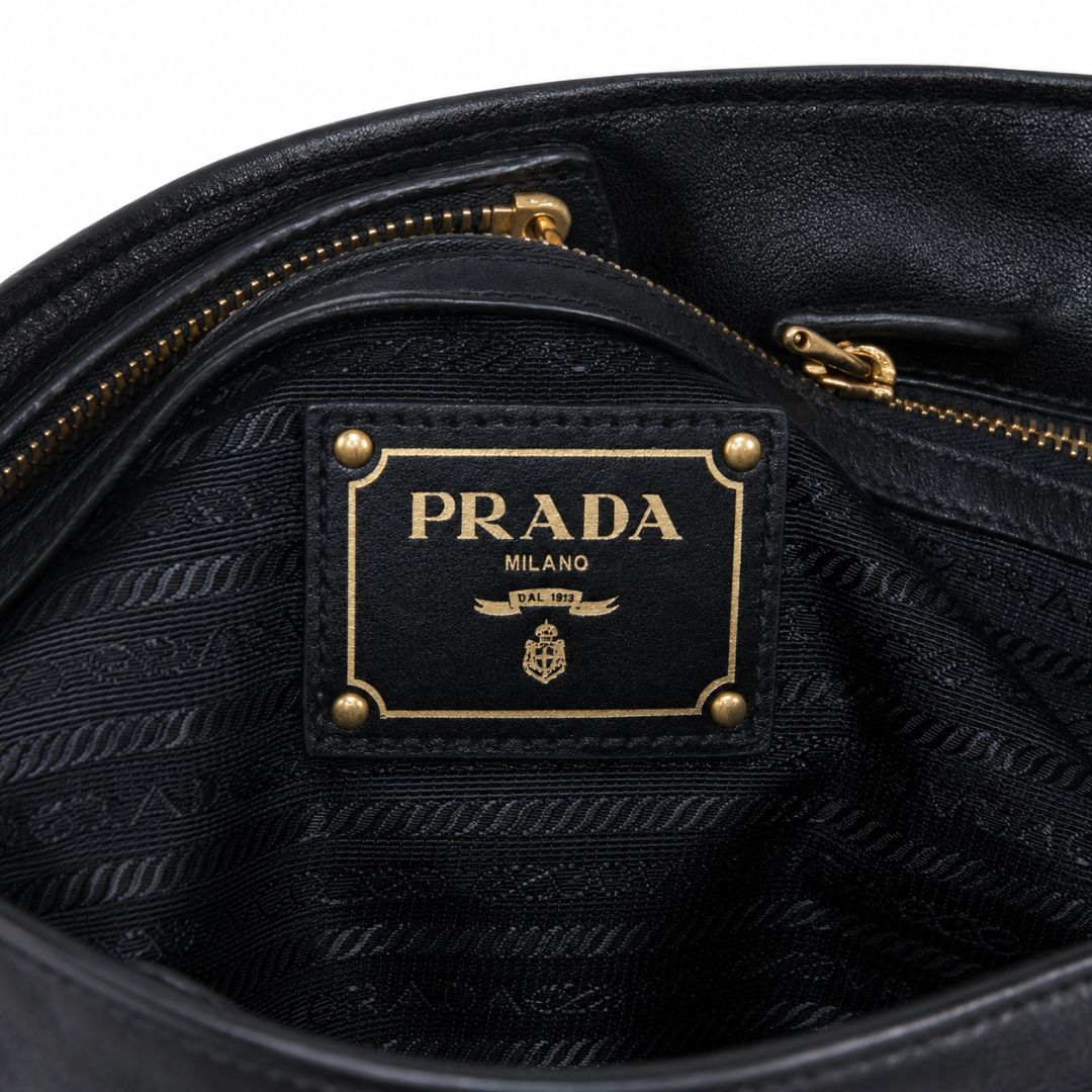 Prada Large Soft Calf Leather Bauletto Bag in Nero Black