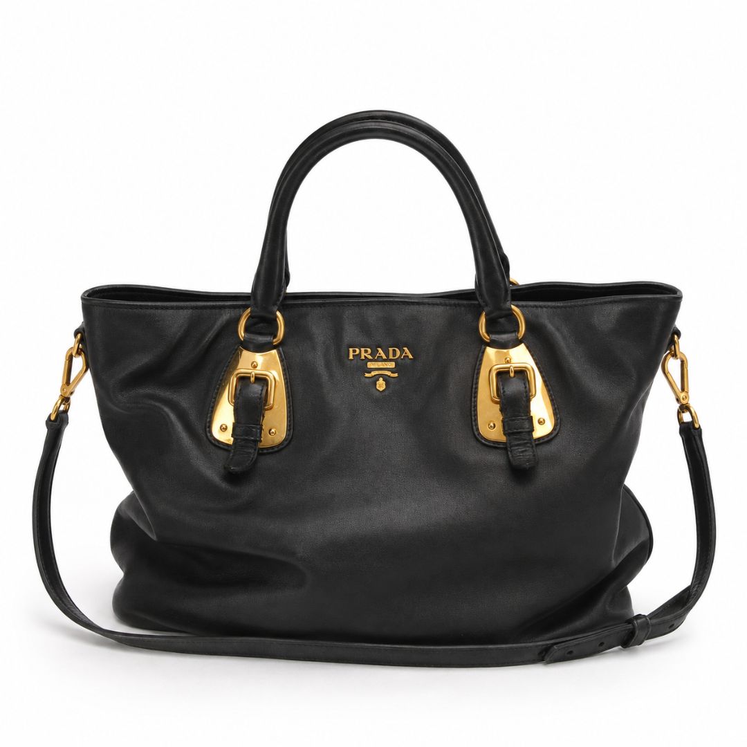 Prada Large Soft Calf Leather Bauletto Bag in Nero Black