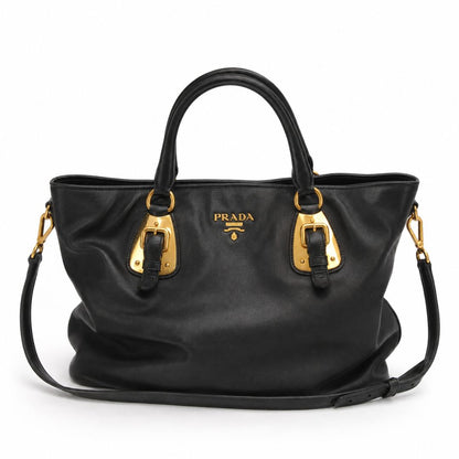 Prada Large Soft Calf Leather Bauletto Bag in Nero Black