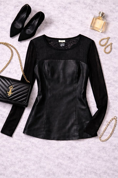 Neiman Marcus Black Leather Mesh Top