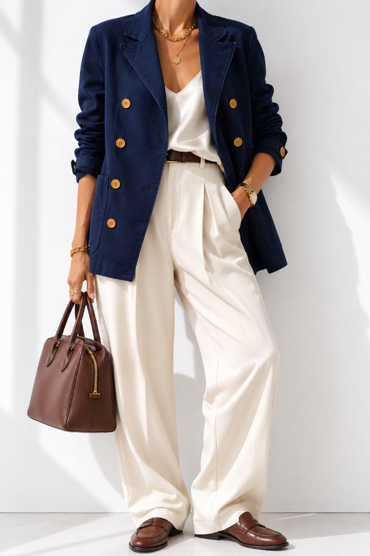 Deep Navy Blue New York Industrie Double Breasted Blazer, IT 50