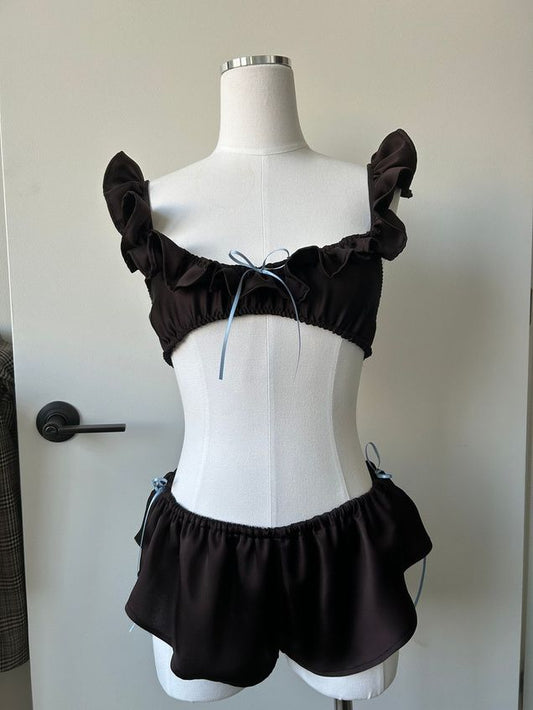 PauperCo chocolate brown silk set with baby blue bows