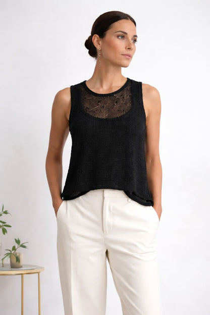 Eileen Fisher Black Open-Knit Sleeveless Top L