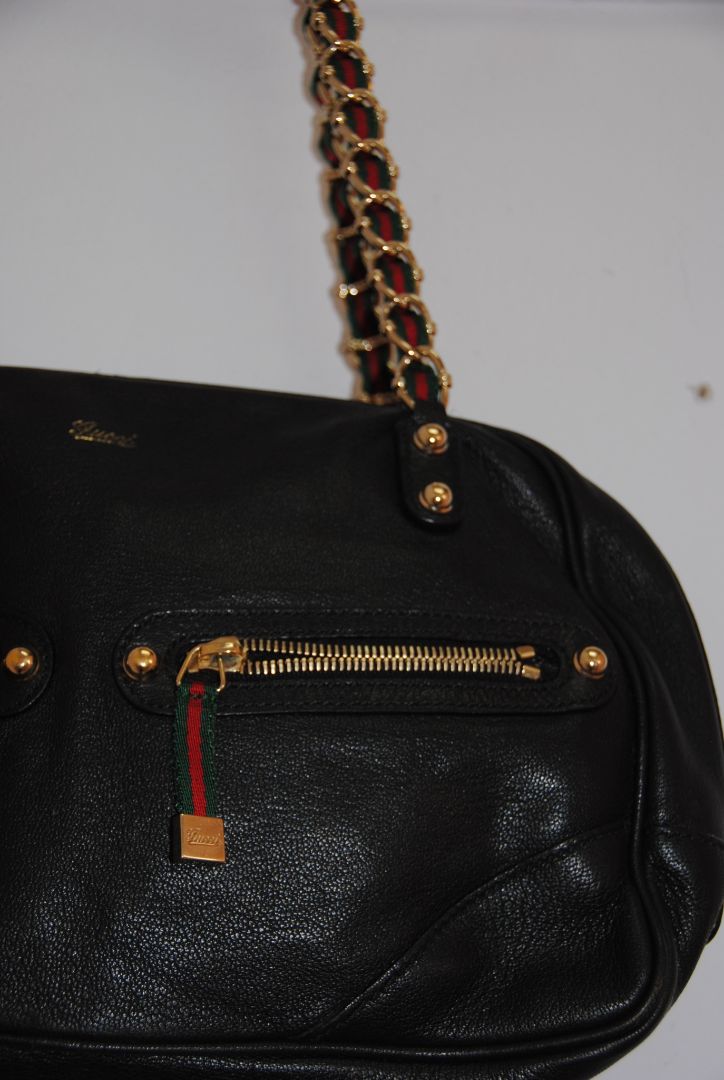 Gucci Vintage Black Leather Double Zip Web Chain Shoulder Bag