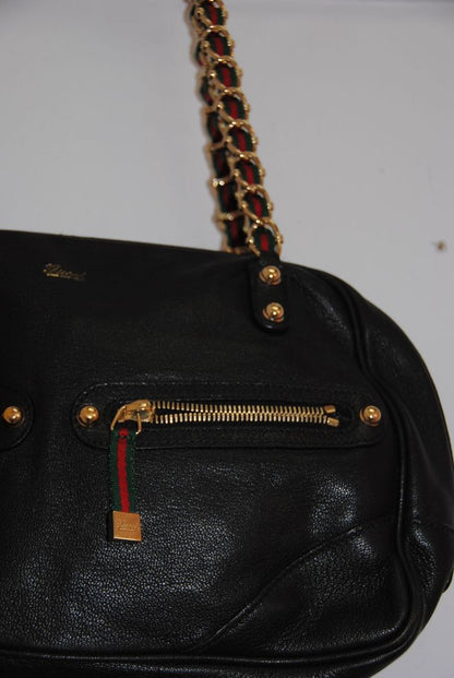 Gucci Vintage Black Leather Double Zip Web Chain Shoulder Bag
