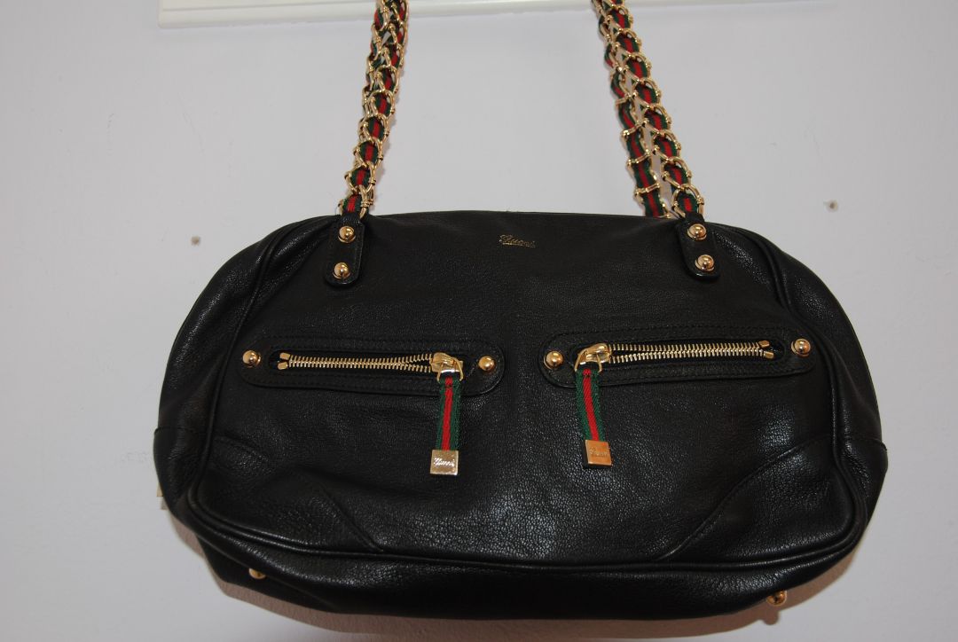 Gucci Vintage Black Leather Double Zip Web Chain Shoulder Bag