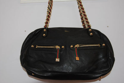 Gucci Vintage Black Leather Double Zip Web Chain Shoulder Bag