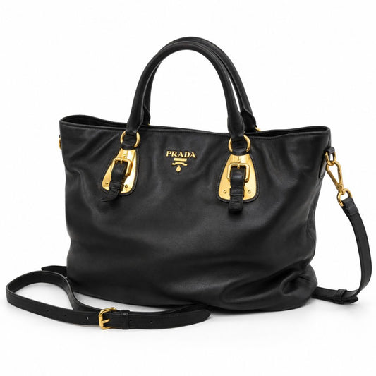 Prada Large Soft Calf Leather Bauletto Bag in Nero Black