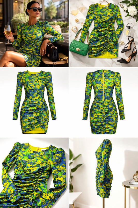 yellow , blue and green GANNI ruched dress bodycon, S