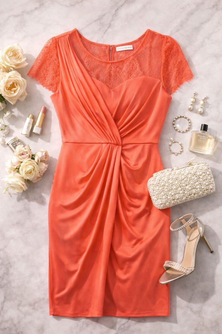 coral BCBGMAXAZRIA lace and satin dress