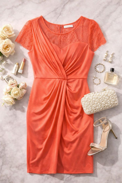 coral BCBGMAXAZRIA lace and satin dress
