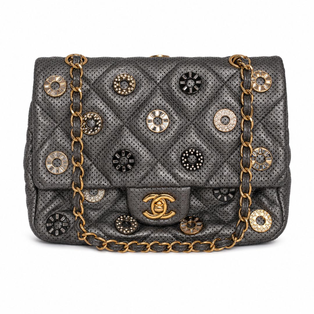 Chanel Paris-Dubai Pewter Metallic Lambskin CC Medals Medium Flap Bag
