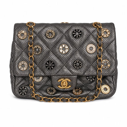 Chanel Paris-Dubai Pewter Metallic Lambskin CC Medals Medium Flap Bag