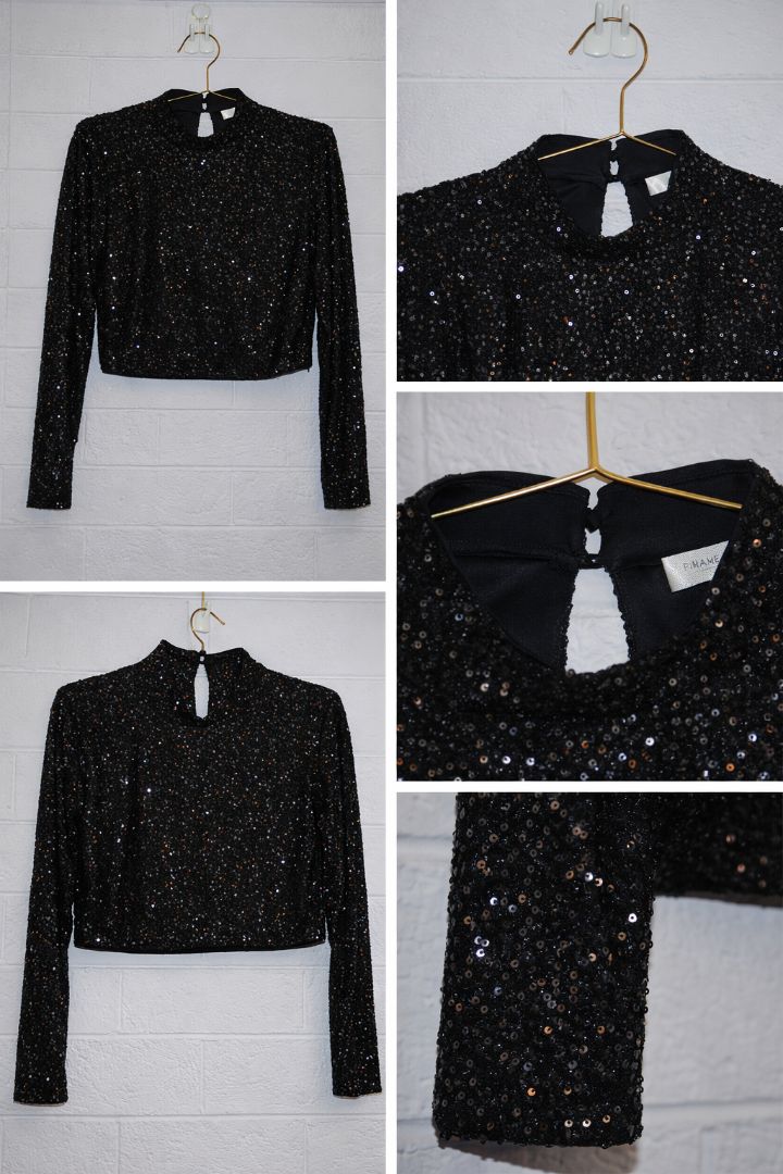 FRAME Black Sequin Crop Top XS
