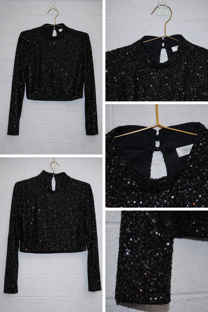 FRAME Black Sequin Crop Top XS