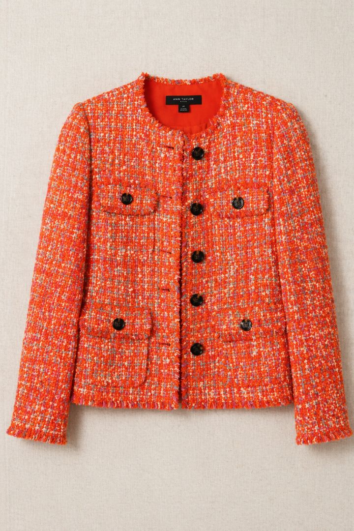 Ann Taylor Coral Boucle Tweed Fringe Blazer 8