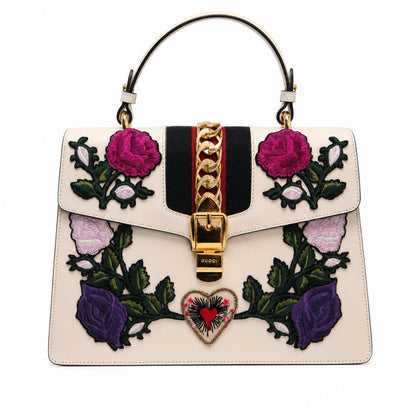 Gucci Sylvie Medium Floral and Sacred Heart Embroidered Top Handle Bag