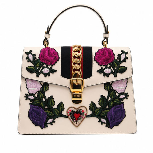 Gucci Sylvie Medium Floral and Sacred Heart Embroidered Top Handle Bag