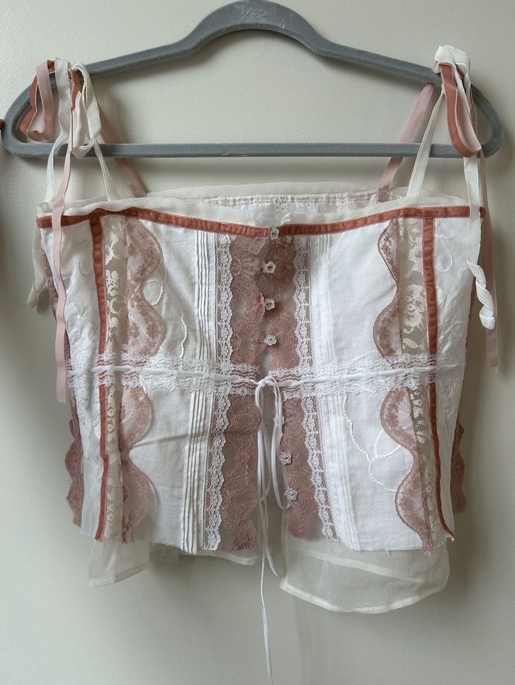 pieced cotton, sillk chiffon, and lace top with velvet ribbons