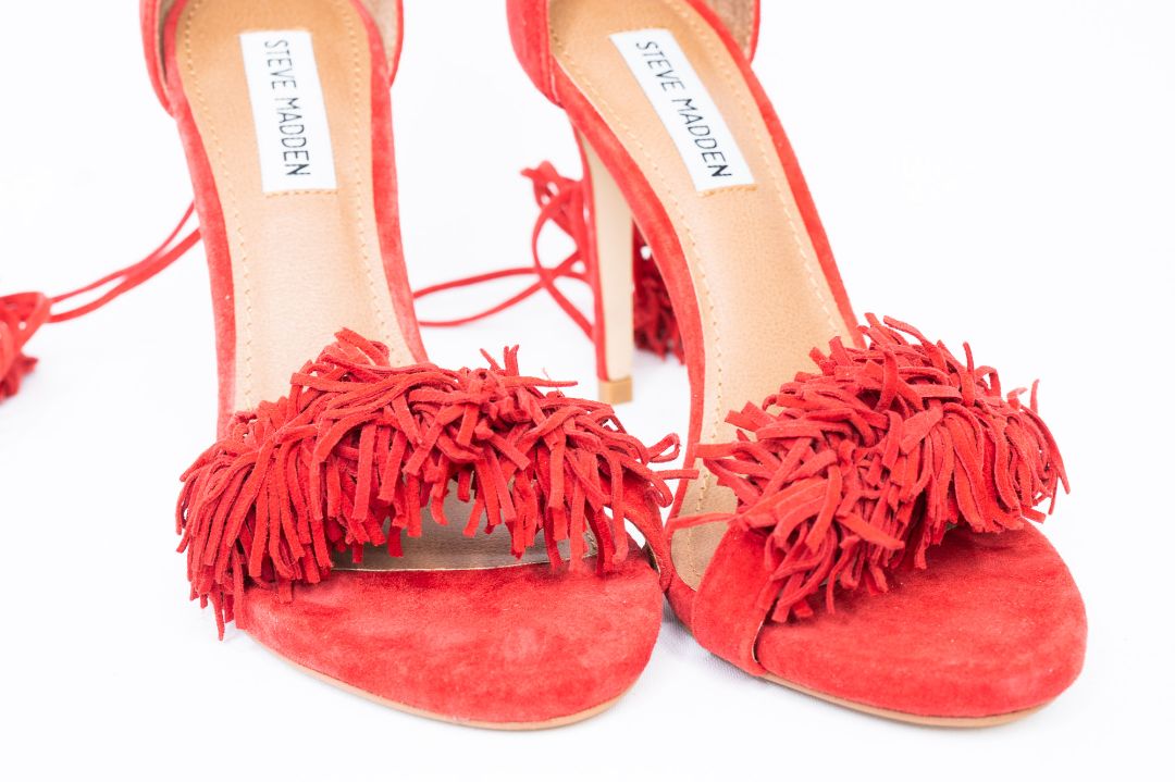 red Steven Madden open-toe stiletto heels, 7.5