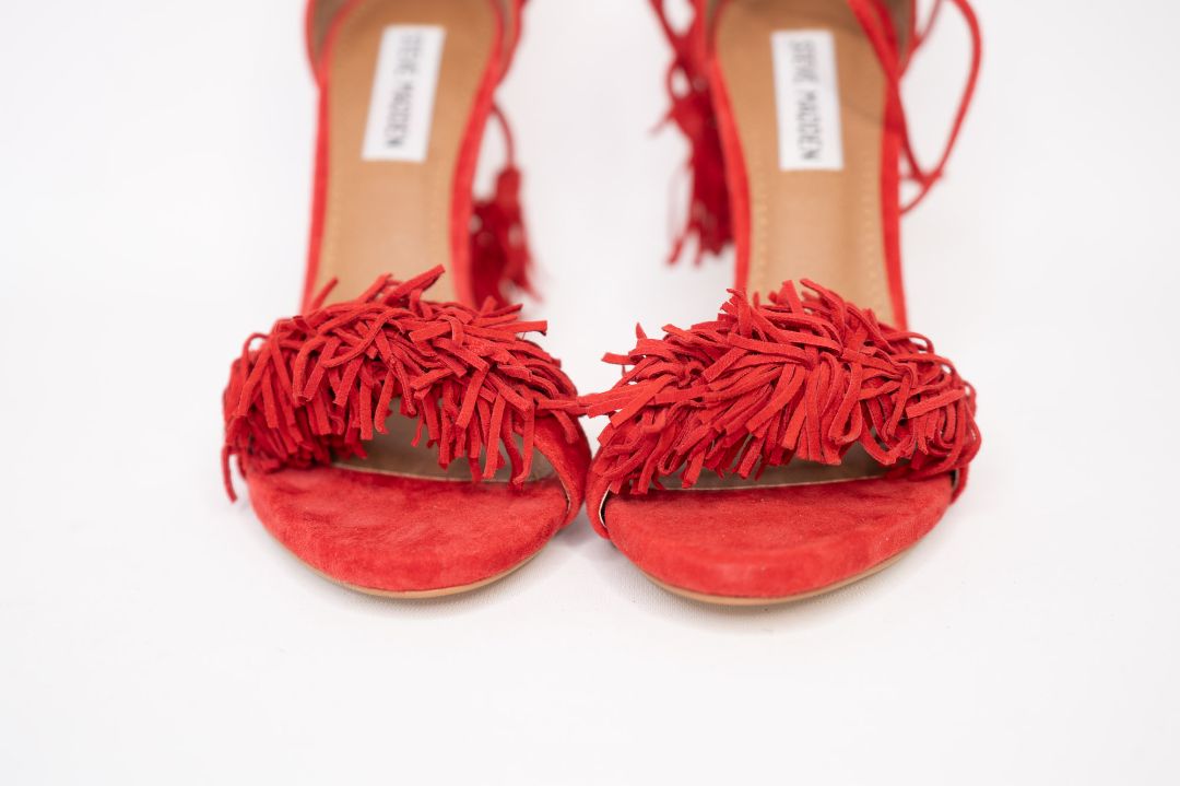 red Steven Madden open-toe stiletto heels, 7.5
