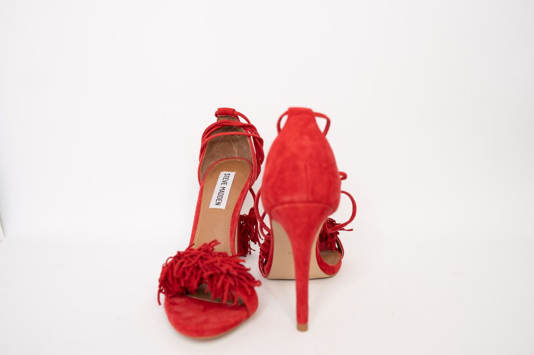 red Steven Madden open-toe stiletto heels, 7.5