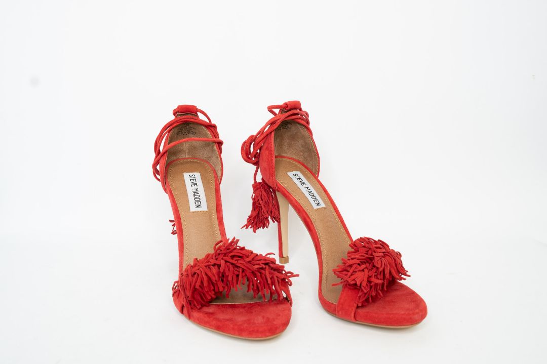 red Steven Madden open-toe stiletto heels, 7.5